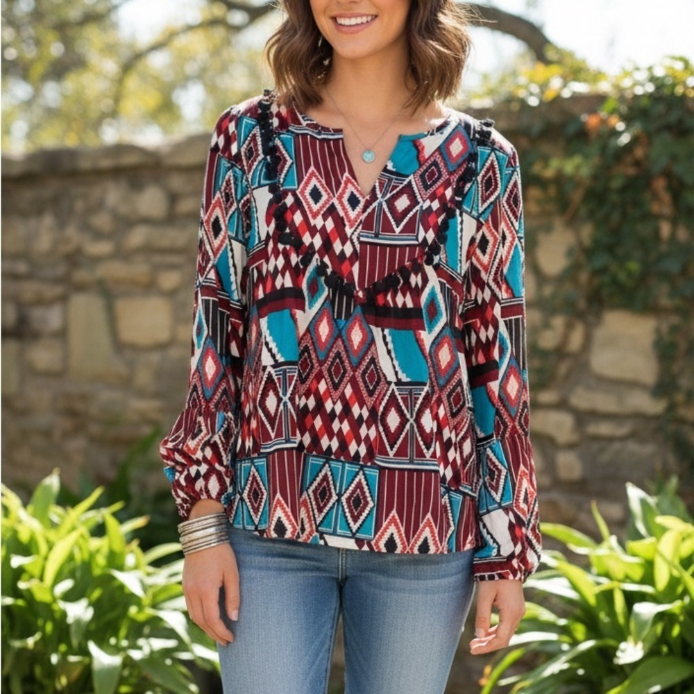Crown & Ivy Aztec Multiprint Tassel Blouse